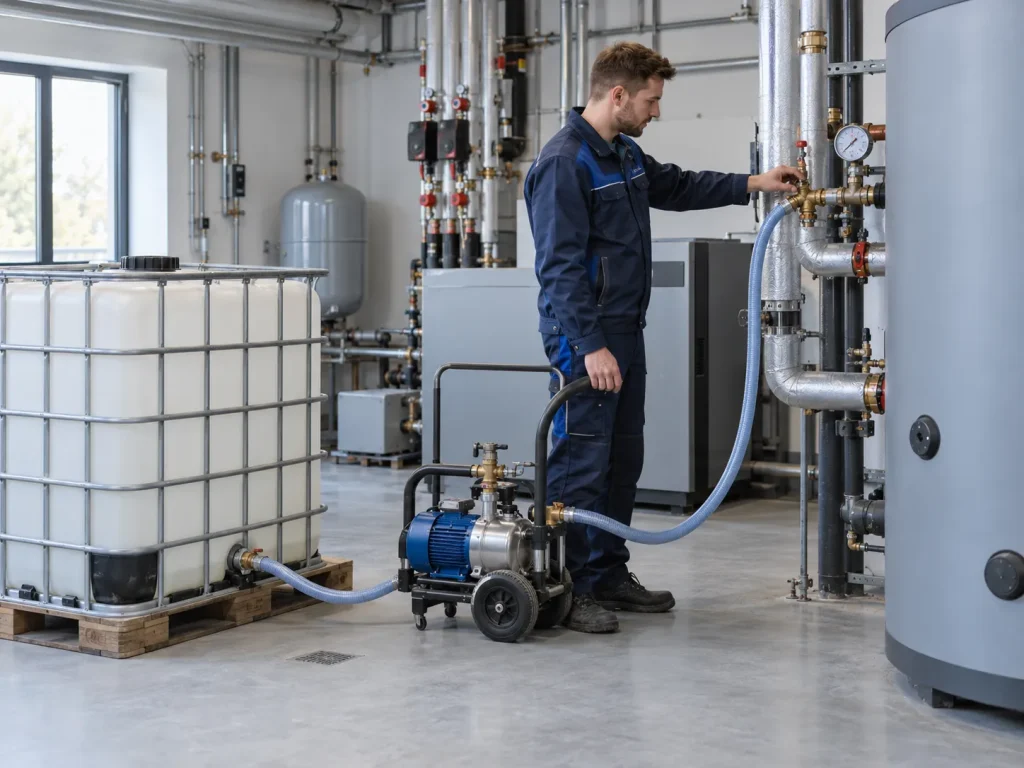 Technik plní topný systém kapalinou pomocí mobilního čerpadla z IBC kontejneru