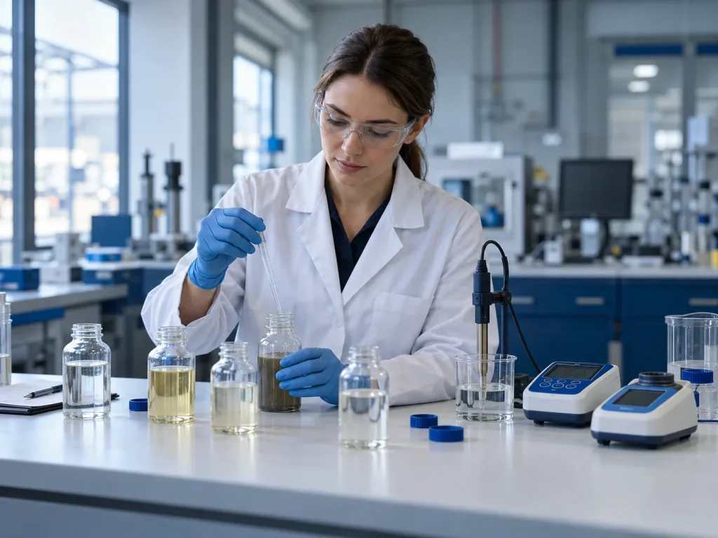 Laborant porovnává vzorky použité a nové chladicí kapaliny
