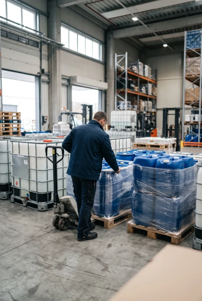 Pracovník připravuje k expedici IBC kontejnery a sudy na paletách