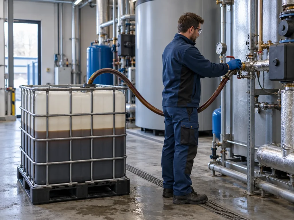 Odčerpání použité kapaliny ze systému do sběrného IBC kontejneru k recyklaci