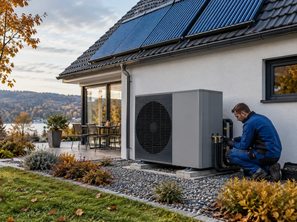 Technik kontroluje tepelné čerpadlo a solární kolektory u rodinného domu