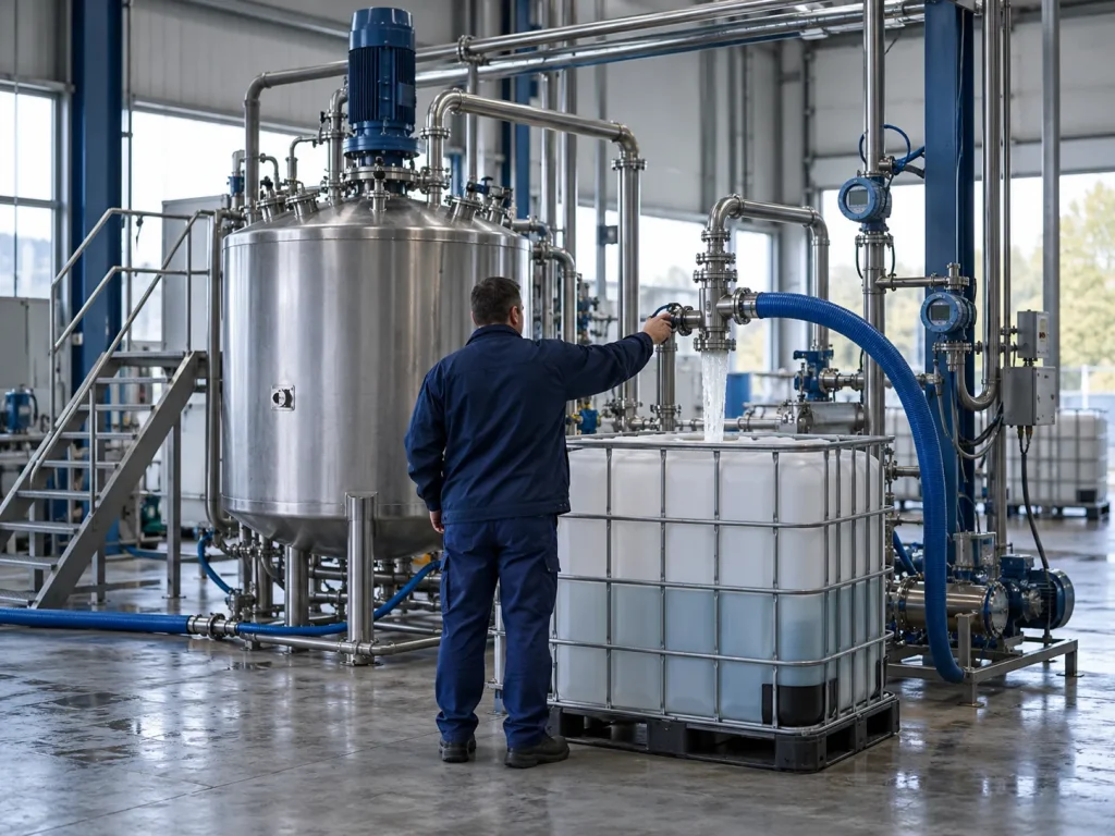 Míchací nádrž a plnění IBC kontejneru při zakázkové výrobě kapaliny
